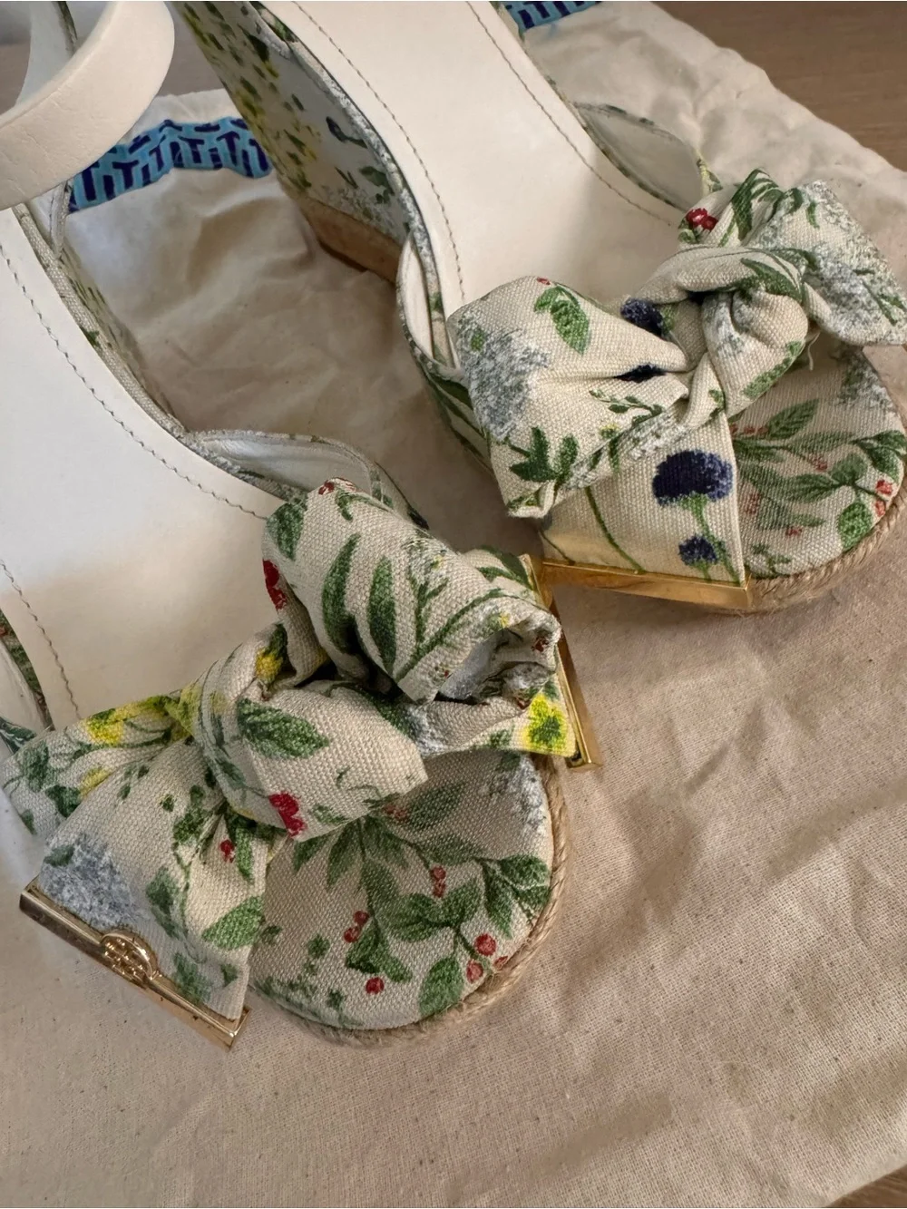 Tory Burch Cream Floral Canvas Bow Platform Wedges